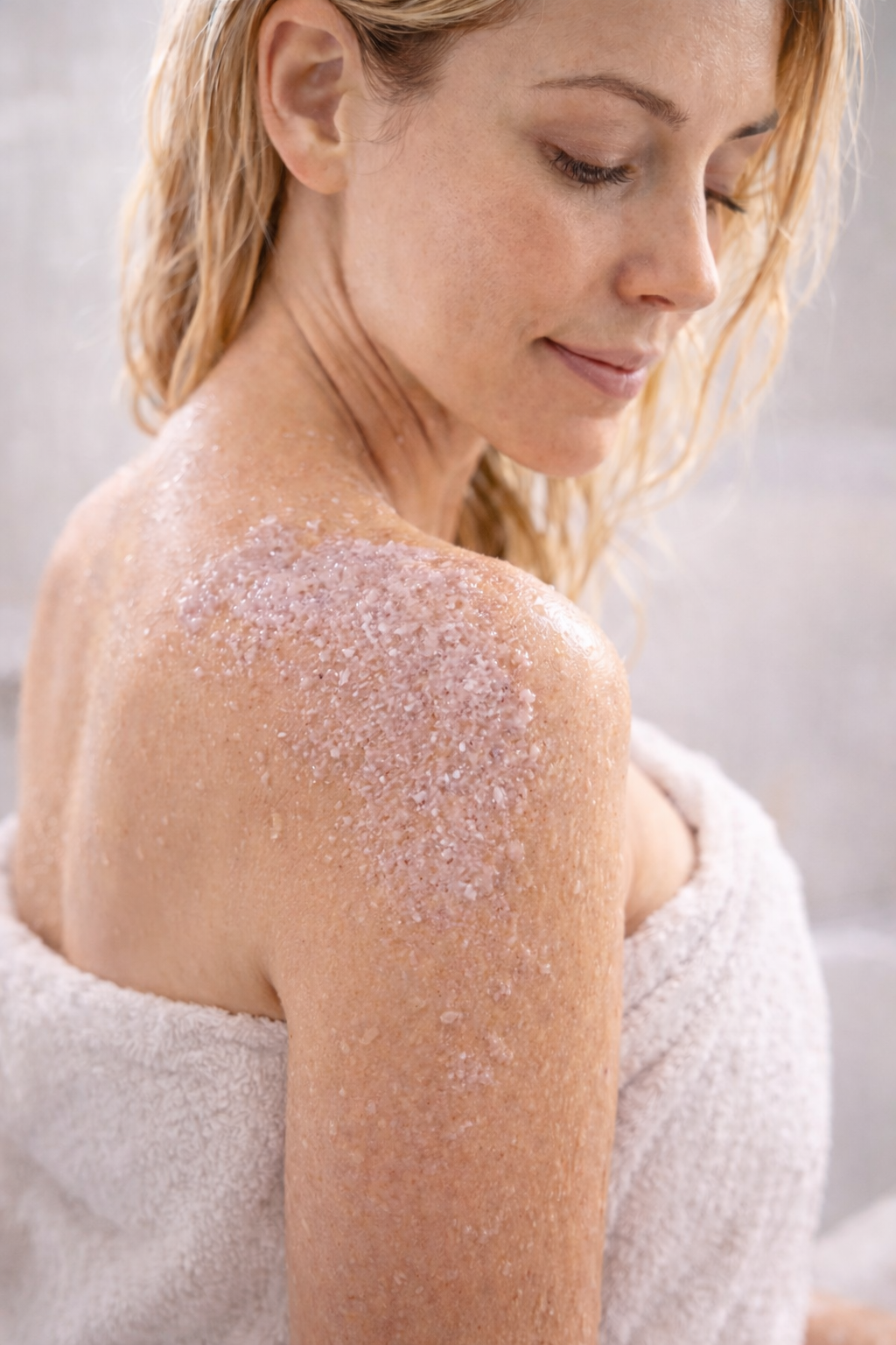Woman with a shower gel lather on her back, wrapped in a towel.